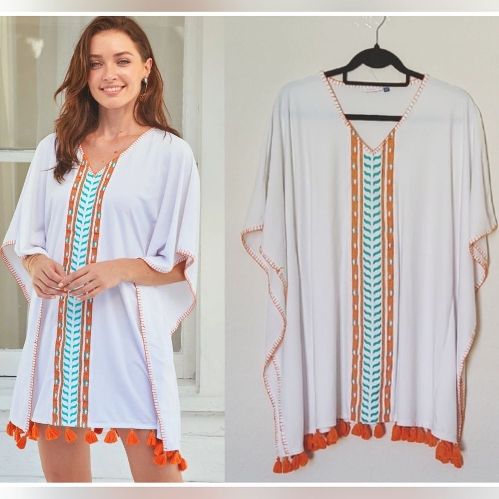 Cabana Life Coverup White, Orange and Blue Accents Sz Small/ Medium